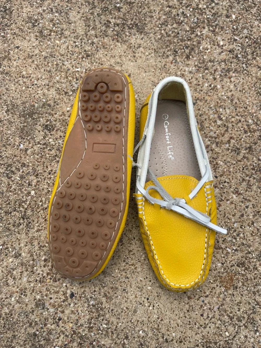 Yellow and White Leather Driving Moccasins